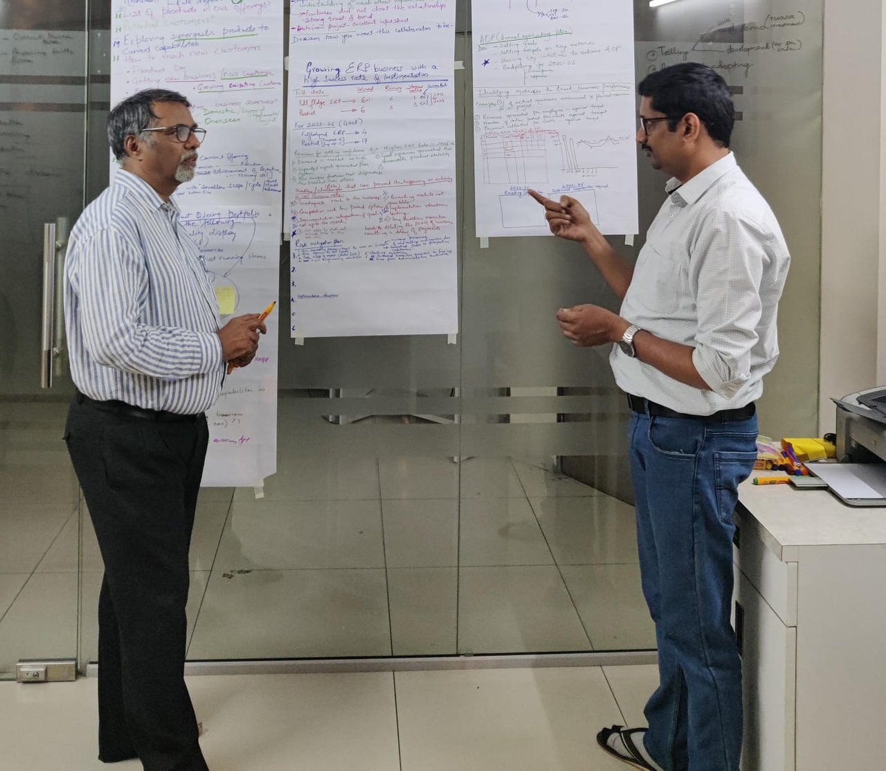 Leadership team reviewing a business planning flip chart