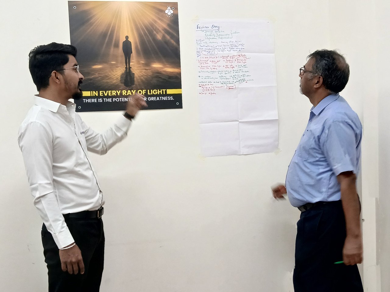 Leadership team discussing a strategy poster and notes on the wall