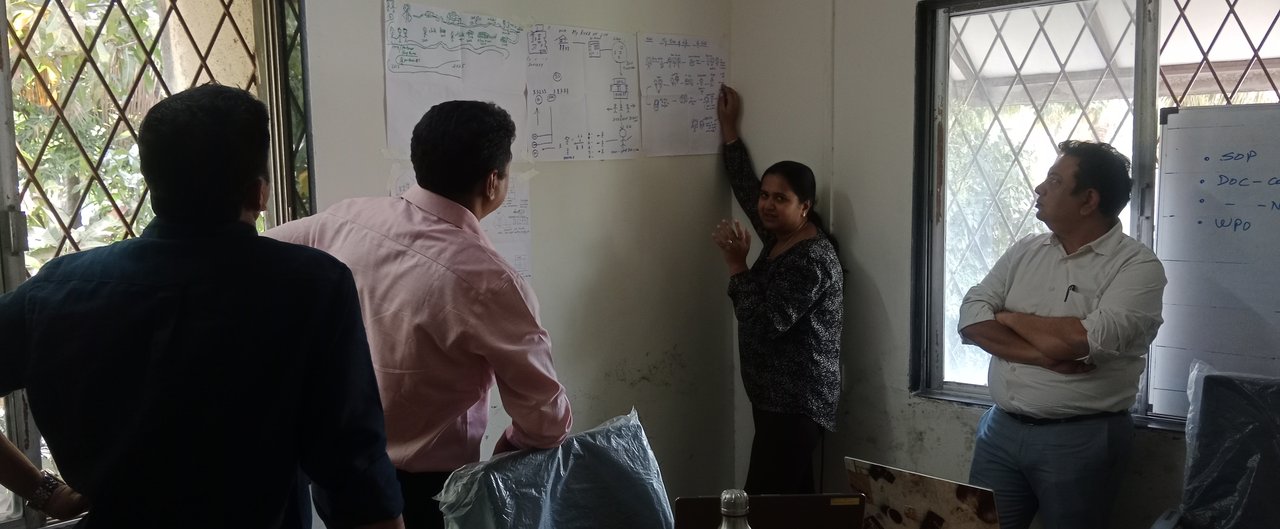 Consultant mapping HR processes on the wall with the leadership team